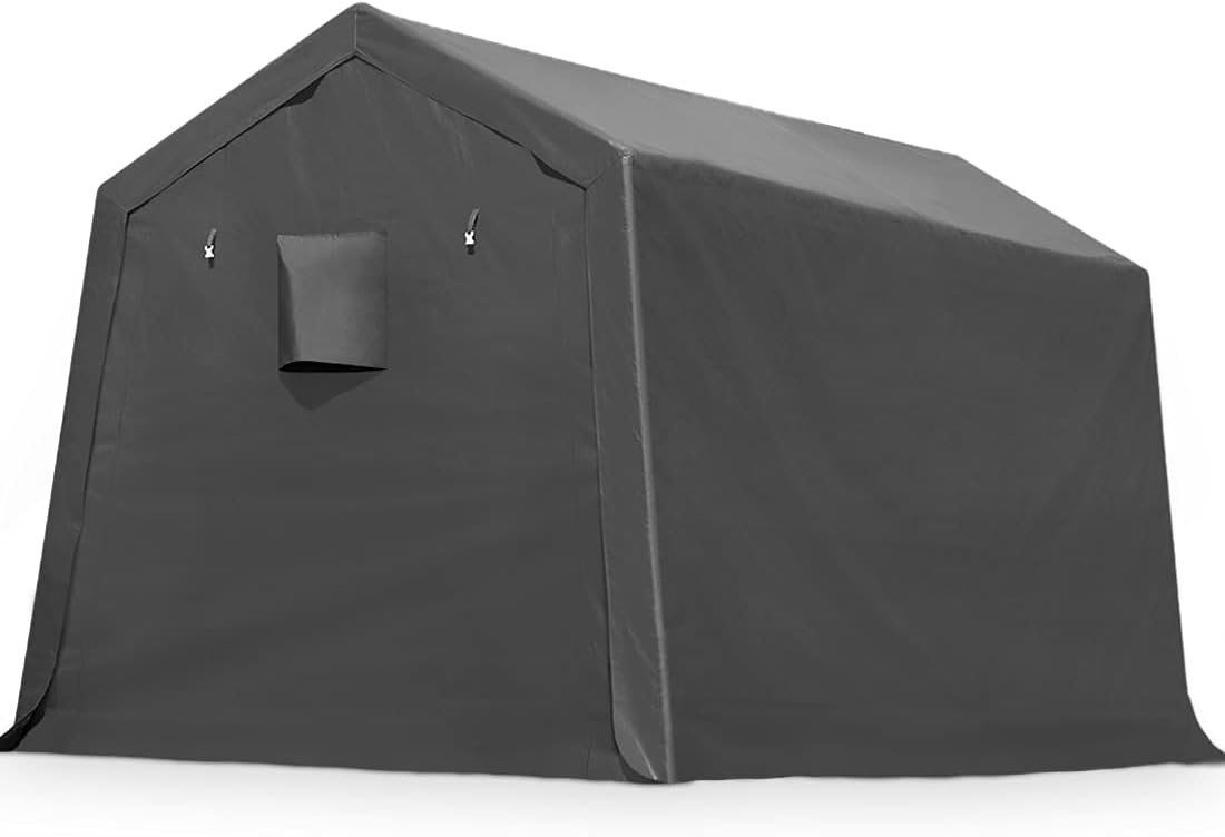 ADVANCE OUTDOOR 10x15 ft Shelter Storage Shed Steel Metal Peak Roof Portable Garage Carports for Motorcycle, Boat or Garden Tools with 2 Roll up Doors & Vents, Beige