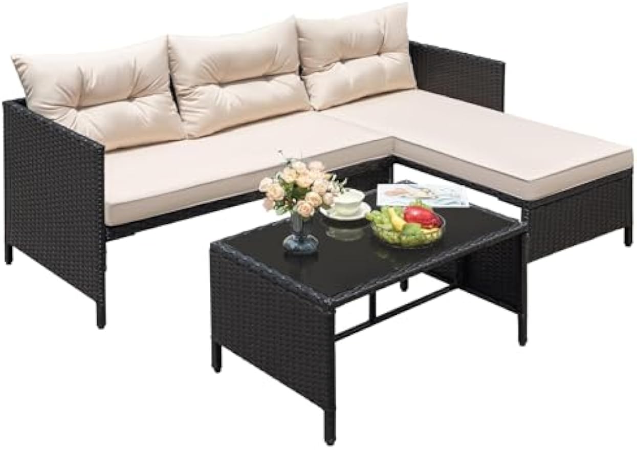 Greesum 3 Piece Patio Furniture Set Outdoor Wicker Rattan Sectional Sofa with Cushions & Coffee Table for Yard, Garden, Porch, Poolside, Light Beige