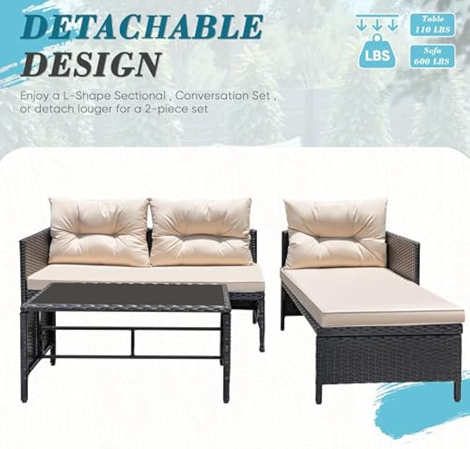 Greesum 3 Piece Patio Furniture Set Outdoor Wicker Rattan Sectional Sofa with Cushions & Coffee Table for Yard, Garden, Porch, Poolside, Light Beige