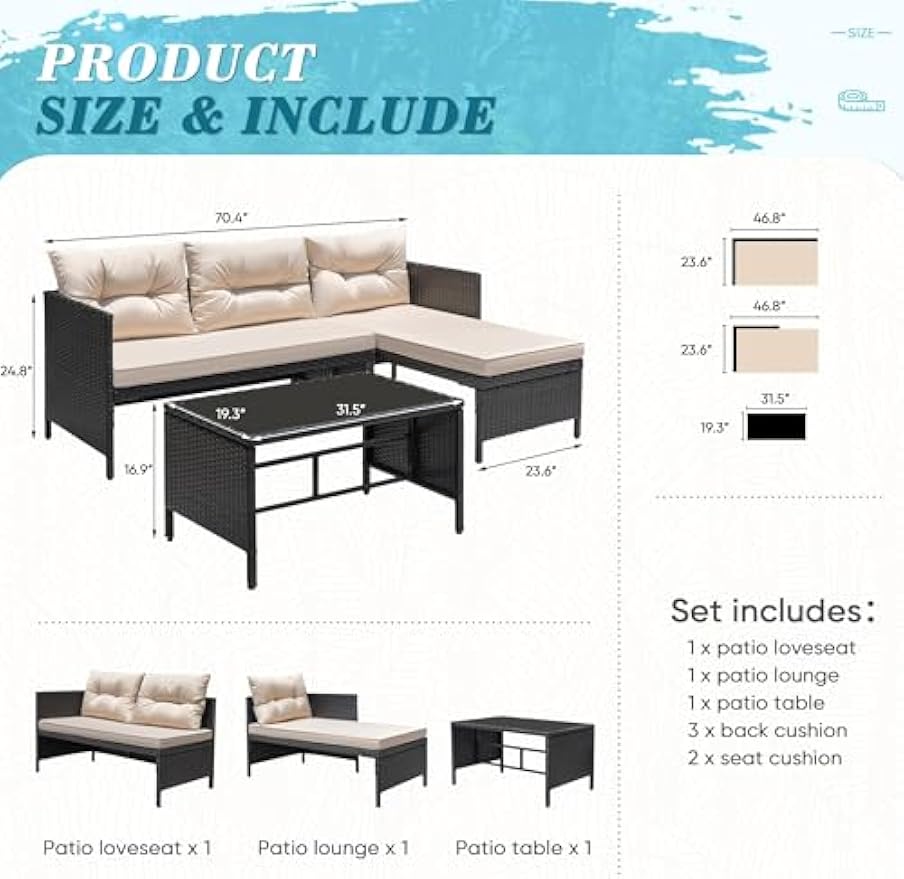 Greesum 3 Piece Patio Furniture Set Outdoor Wicker Rattan Sectional Sofa with Cushions & Coffee Table for Yard, Garden, Porch, Poolside, Light Beige