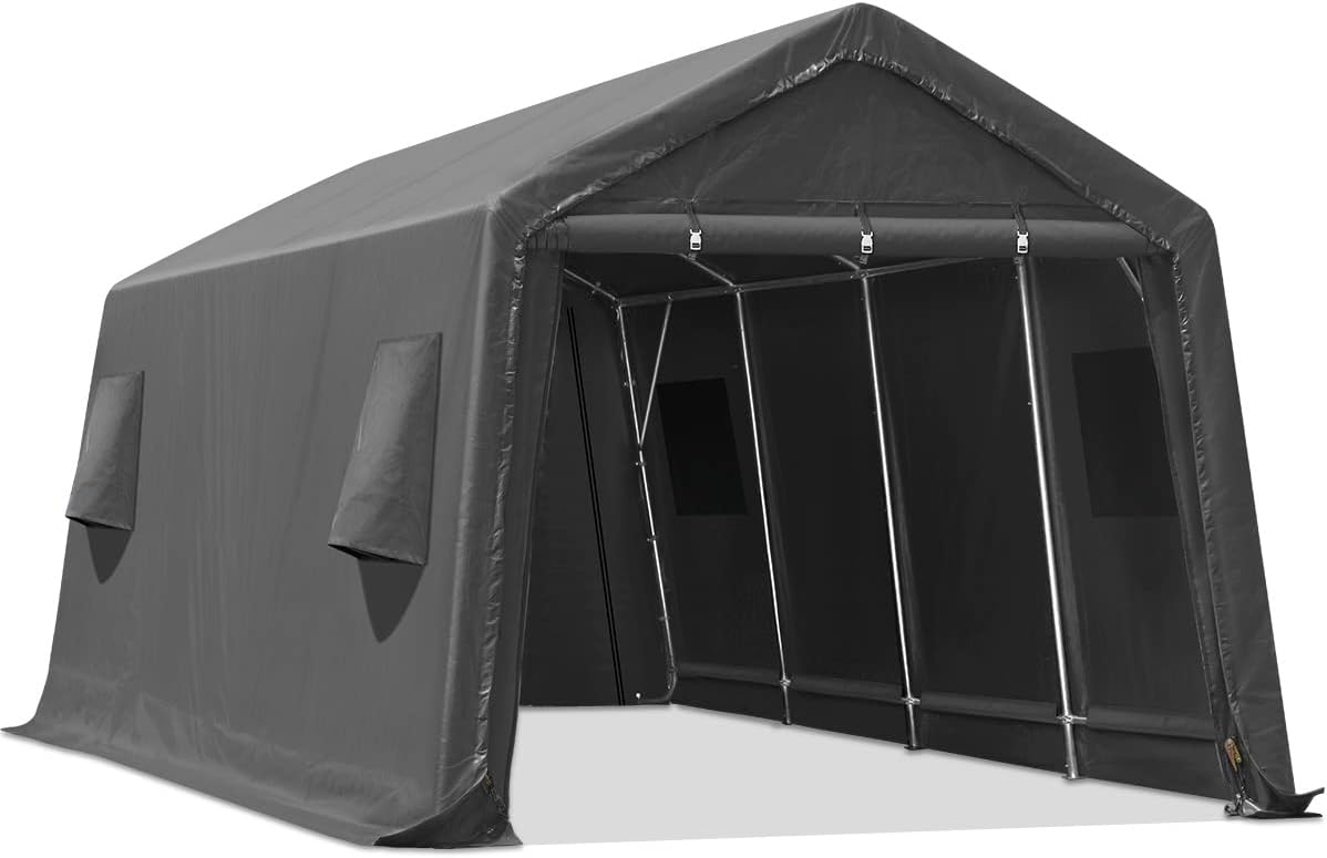 ADVANCE OUTDOOR Heavy Duty 10X20 ft Carport Outdoor Patio Portable Canopy Storage Shelter Shed with 2 Rolled up Zipper Doors & Vents for Snowmobile Garden Tools, Beige