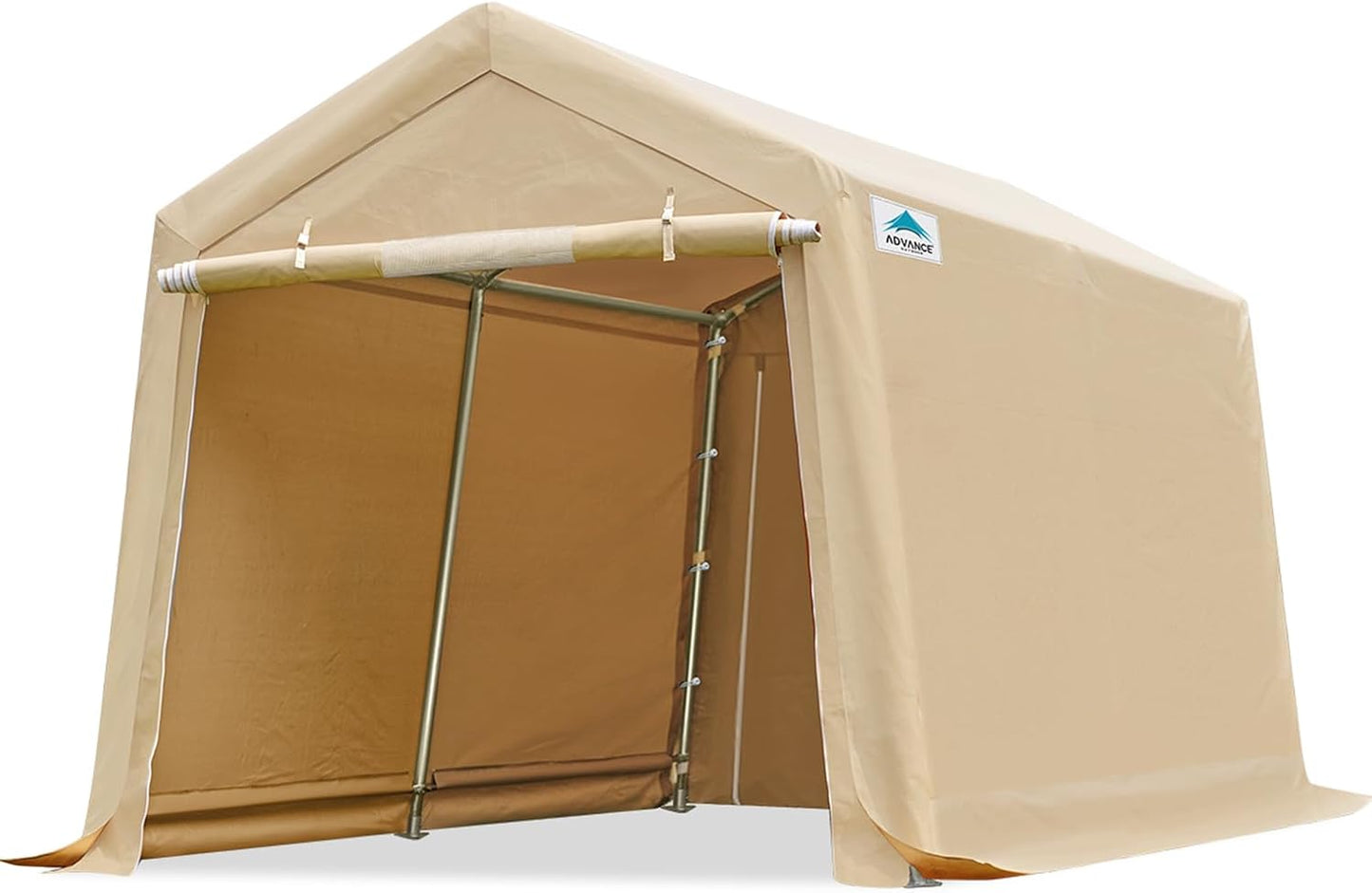 ADVANCE OUTDOOR 10x15 ft Shelter Storage Shed Steel Metal Peak Roof Portable Garage Carports for Motorcycle, Boat or Garden Tools with 2 Roll up Doors & Vents, Beige