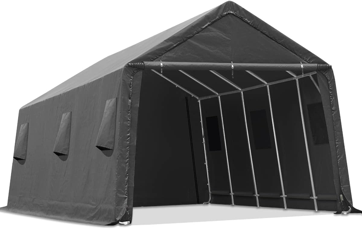 ADVANCE OUTDOOR 10X20 ft Carport Heavy Duty Outdoor Patio Portable Canopy Storage Shelter Shed with 2 Rolled up Zipper Doors & Vents for Snowmobile Garden Tools, Gray