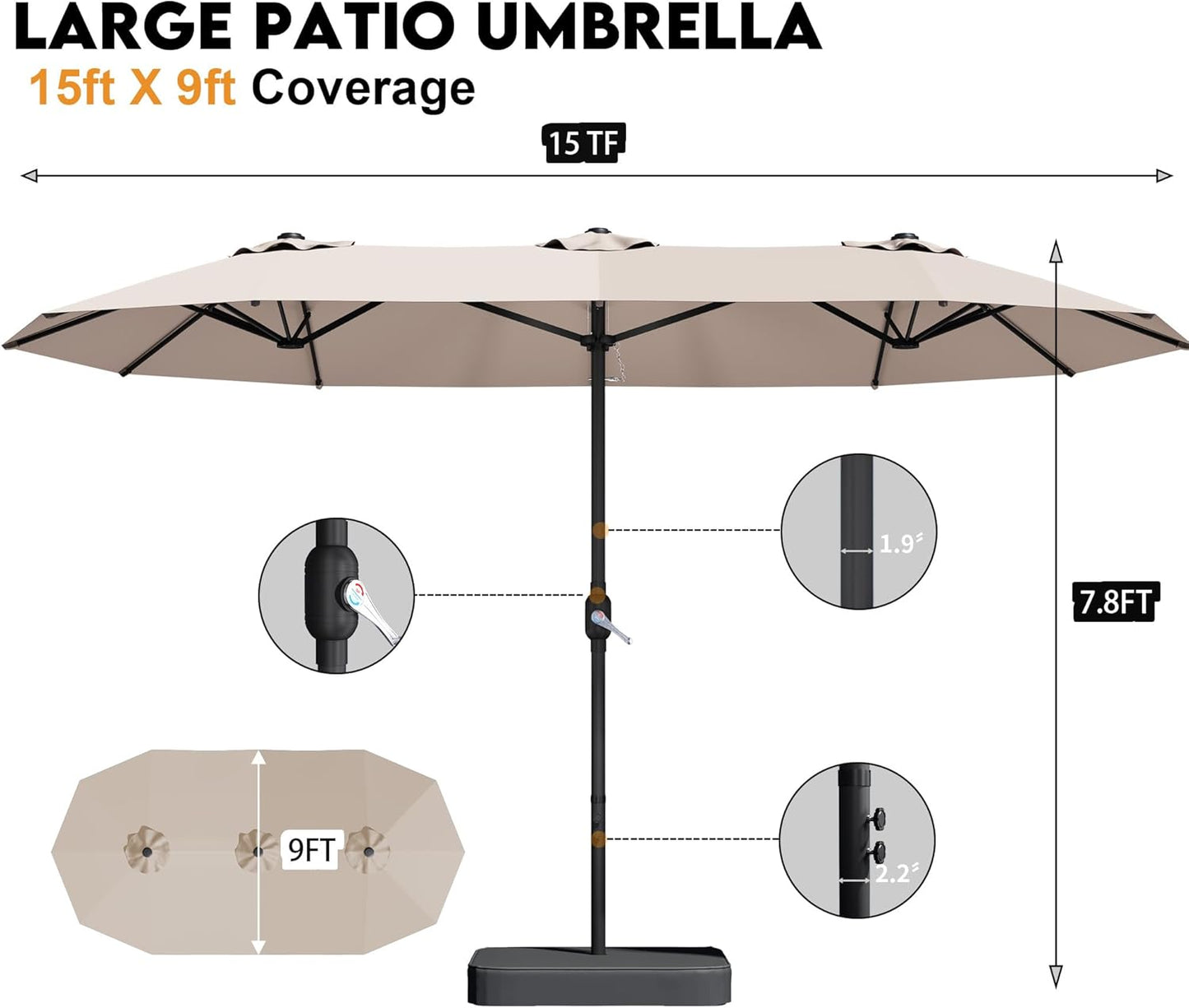 15ft Patio Umbrella with Base,Large Outdoor Double-Sided Rectangle Umbrella with Crank Handle, Market Umbrella for Poolside Garden Deck Backyard Beach Pools, Beige