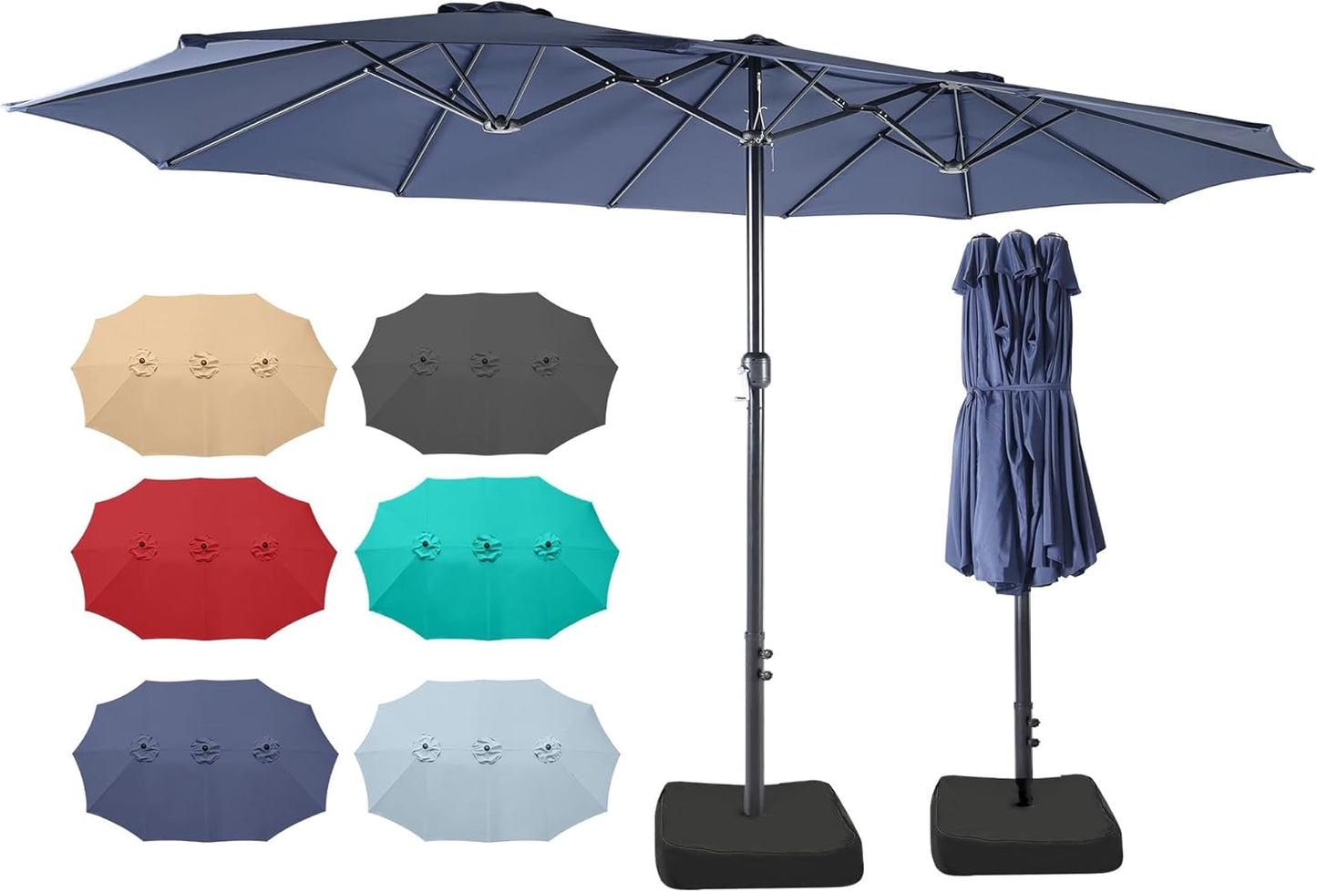 Bigroof 15ft x 9ft Patio Double-Sided Umbrella with Base & Crank, Extra Large Rectangular Outdoor Umbrella for Patio, Lawn & Garden, Beige