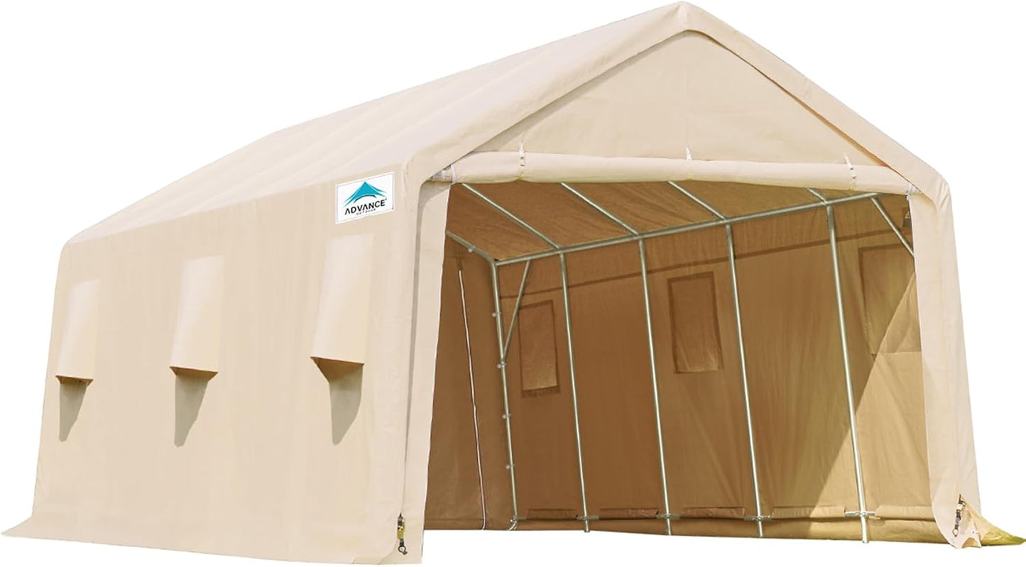 ADVANCE OUTDOOR Heavy Duty 10X20 ft Carport Outdoor Patio Portable Canopy Storage Shelter Shed with 2 Rolled up Zipper Doors & Vents for Snowmobile Garden Tools, Beige