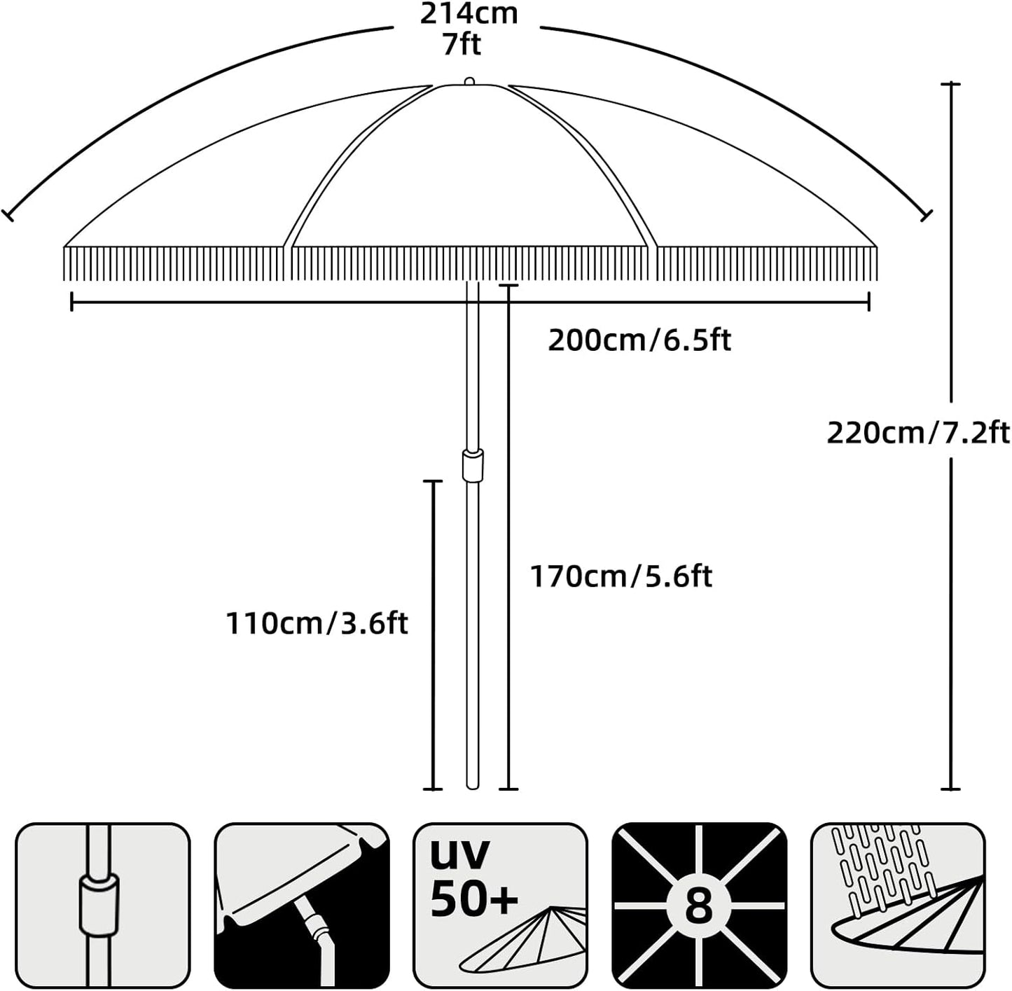 AMMSUN 7ft Patio Umbrella with Fringe Outdoor Tassel Umbrella UPF50+ Premium Steel Pole and Ribs Push Button Tilt, Navy Blue Stripes