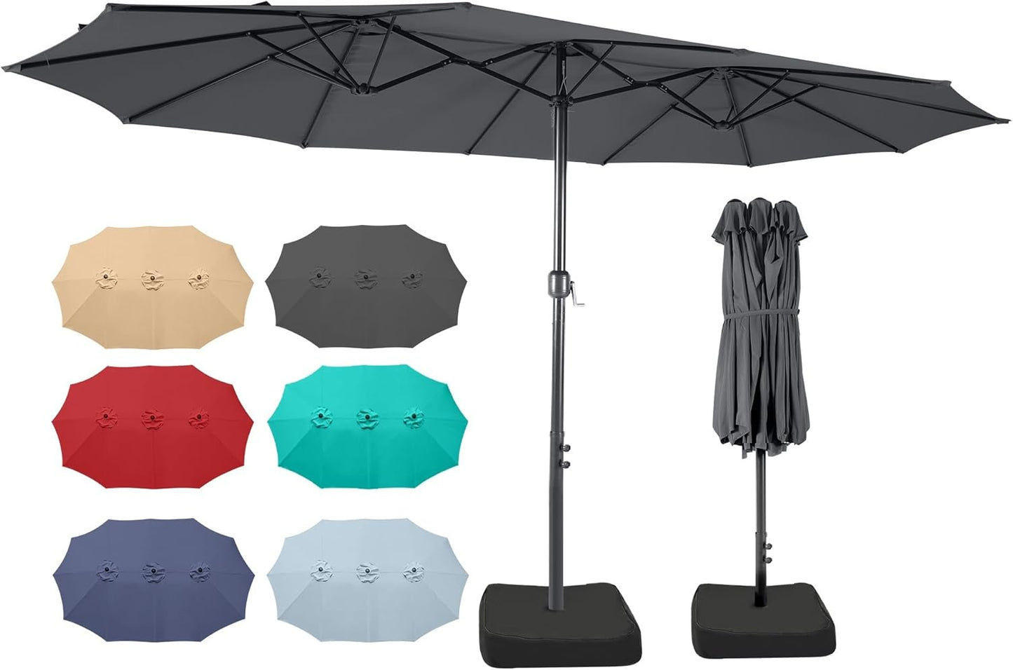 Bigroof 15ft x 9ft Patio Double-Sided Umbrella with Base & Crank, Extra Large Rectangular Outdoor Umbrella for Patio, Lawn & Garden, Beige