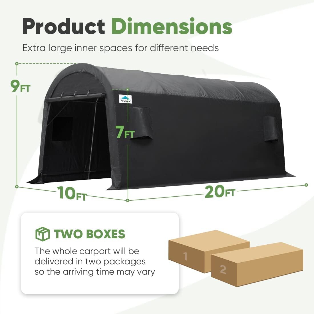 ADVANCE OUTDOOR 10x20 ft Heavy Duty Carport Outdoor Patio Large Space Canopy Storage Shelter Shed with 2 Roll up Zipper Doors & Vents for Snowmobile Garden Tools, Gray