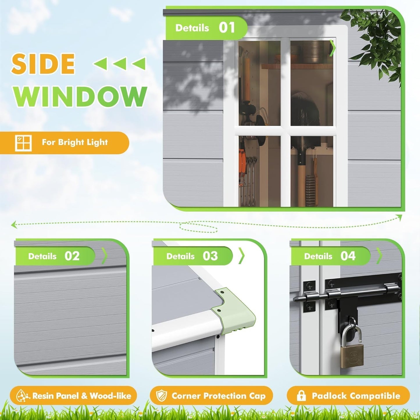 Devoko 6x4 FT Outdoor Storage Shed, Plastic Resin Garden Shed with Lockable Door & Built-in Floor, Waterproof Tool Shed for Backyard, Patio, Lawn, Pool Supplies (Grey)