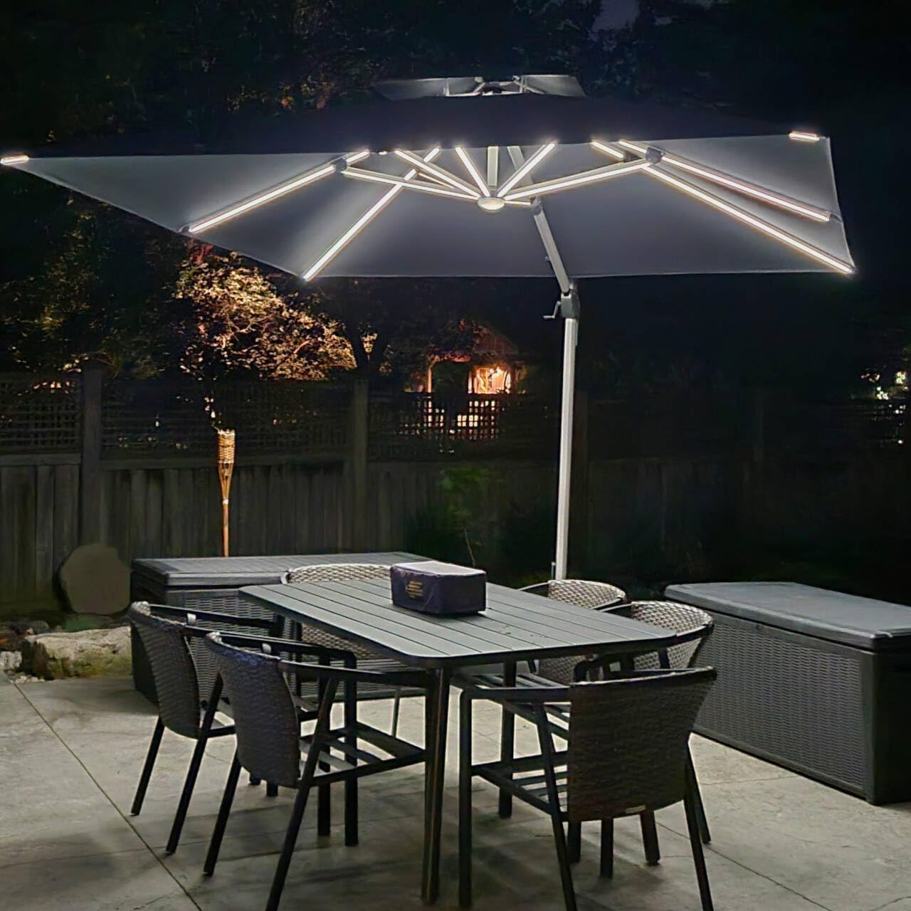 PURPLE LEAF 9' X 12' Solar Powered LED Patio Umbrella Cantilever Umbrellas Offset Double Top Hanging Outdoor Umbrella Market Umbrellas for Garden, Heather Taupe