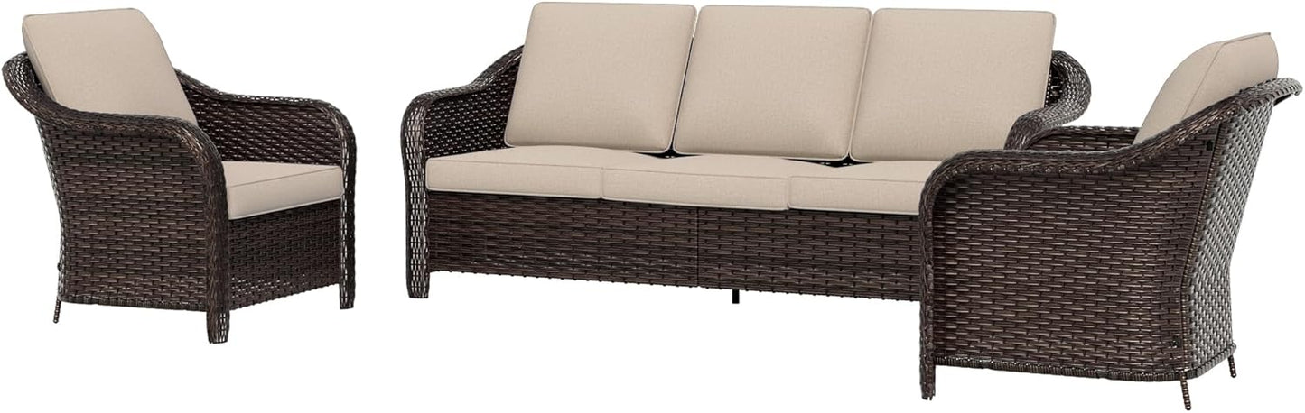 77 inch Outdoor Wicker 3 Seater Sofa, All-Weather Use Patio Rattan Sofa with Seat and Back Cushion, Ideal for Porch, Backyard, Balcony, Poolside, Beige