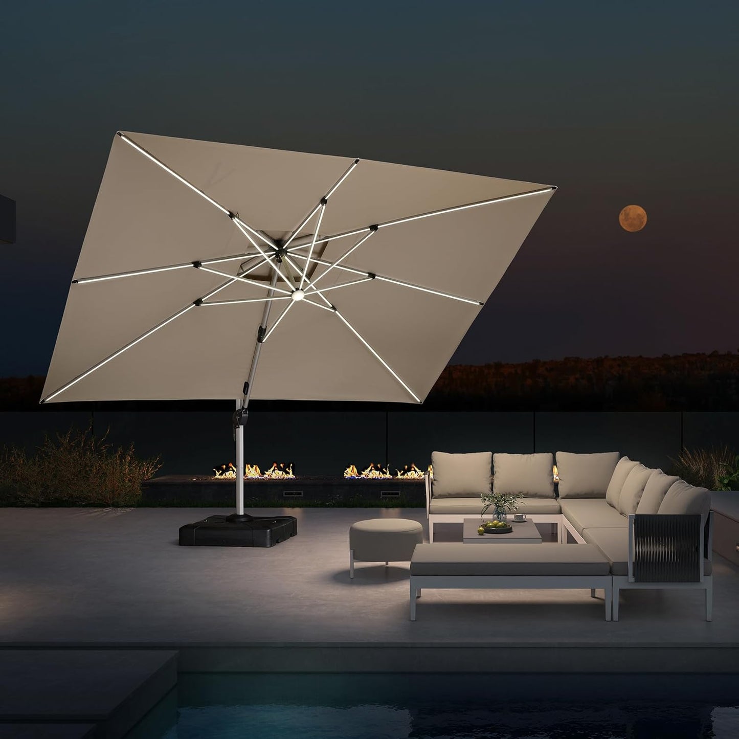 PURPLE LEAF 9' X 12' Solar Powered LED Patio Umbrella Cantilever Umbrellas Offset Double Top Hanging Outdoor Umbrella Market Umbrellas for Garden, Heather Taupe