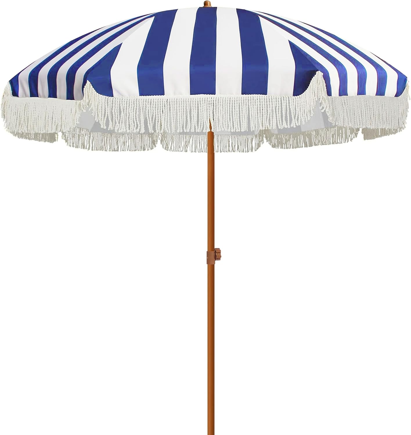 AMMSUN 7ft Patio Umbrella with Fringe Outdoor Tassel Umbrella UPF50+ Premium Steel Pole and Ribs Push Button Tilt, Navy Blue Stripes