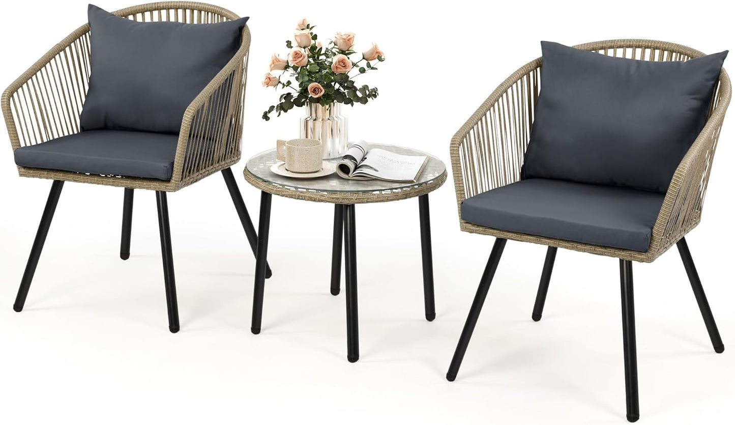 DWVO Bistro Table and Chairs Set of 2, Outdoor Patio Furniture Set with Cushion Chairs and Glass Table, Front Porch Furniture for Backyard, Deck, and Balcony, Gray