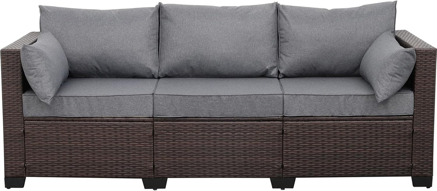 WAROOM Patio Couch PE Wicker 3-Seat Outdoor Brown Rattan Sofa Deep Seating Furniture with Non-Slip Beige Cushion
