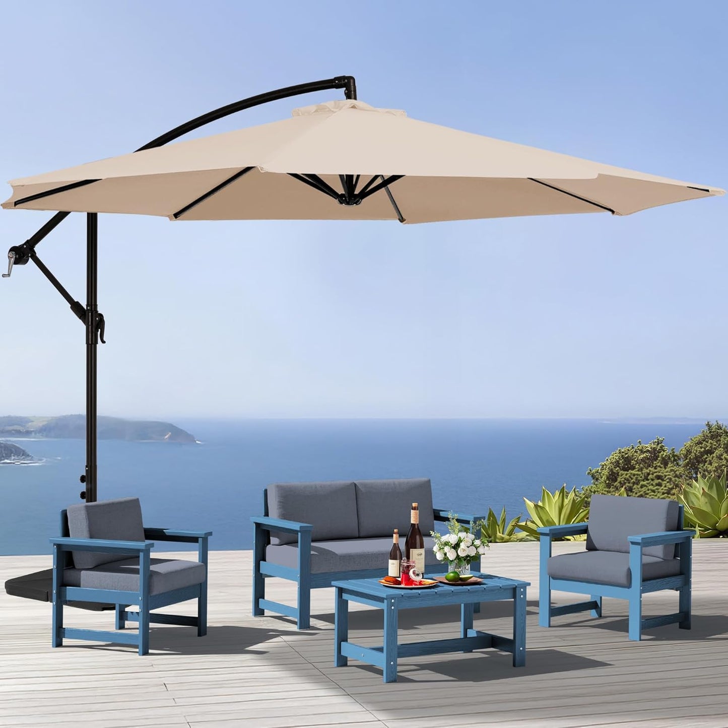 SERWALL 8 Pieces HDPE Outdoor Conversation Sofa Set with Cushions, All Weather Use Patio Couch Loveseat Furniture with Side Table for Balcony, Deck, Poolside, Black Frame with Khaki Cushions