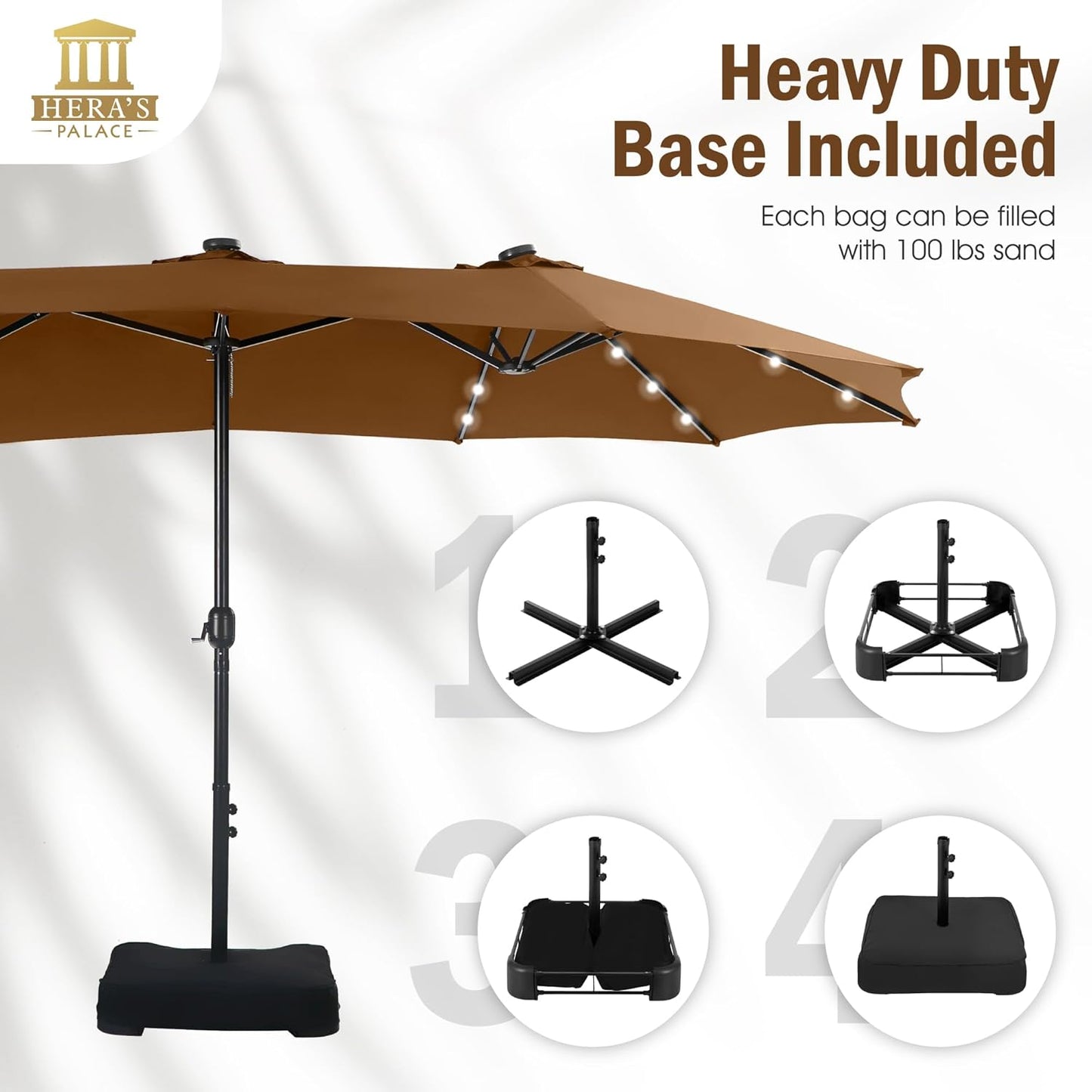 HERA'S PALACE 15ft Patio Umbrella with Base Included Double Sided Outdoor Umbrella for Patio Table Umbrella Outdoor 36 LED Solar Lights for Garden