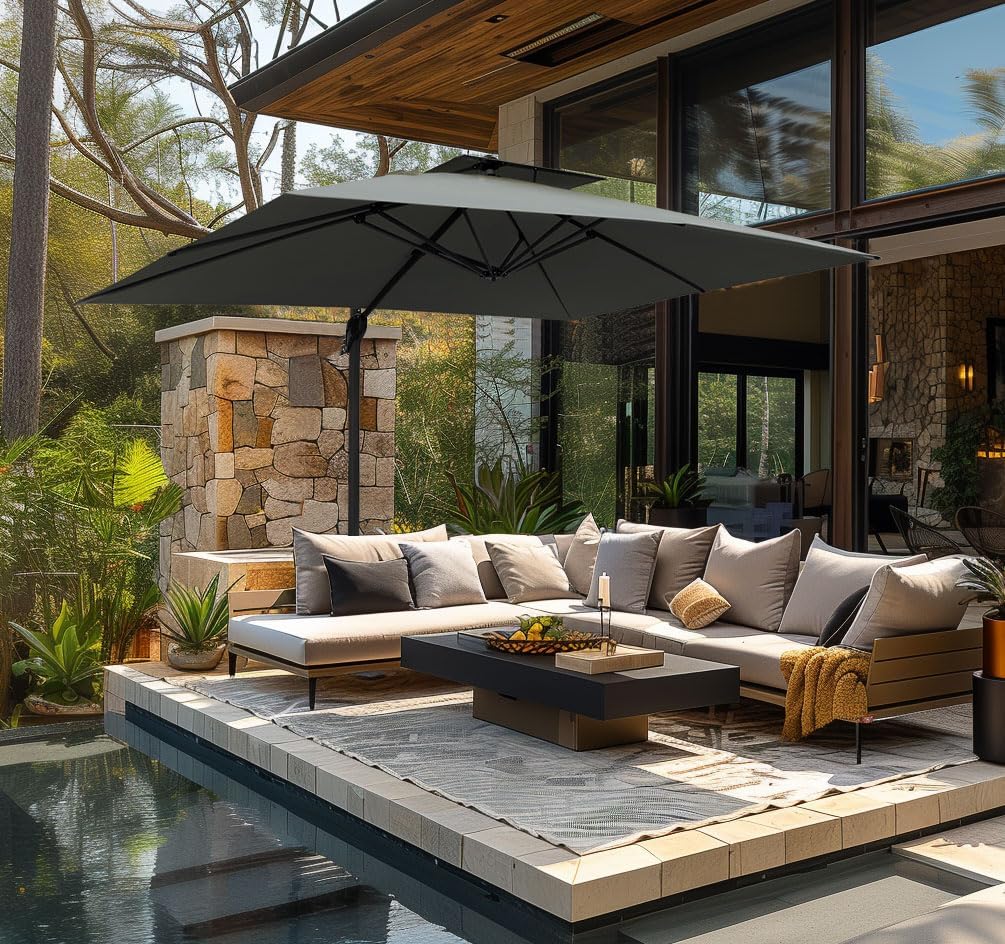 PHI VILLA 10ft Patio Cantilever Umbrella With Base, 360° Rotation & Infinite Tilt Aluminum Square Double Top Outdoor Offset Umbrella, Heavy Duty for Garden Poolside Backyard, Beige