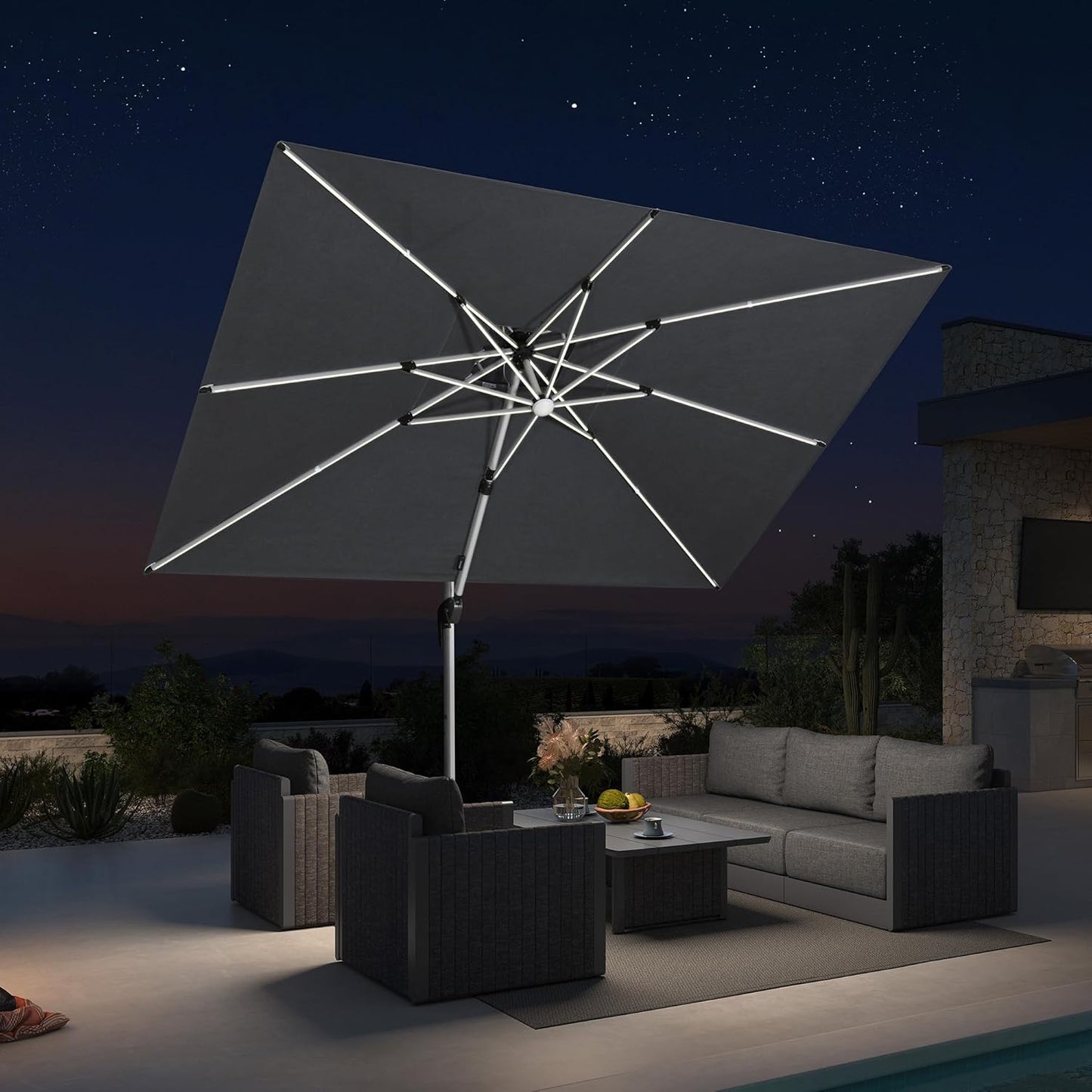 PURPLE LEAF 9' X 12' Solar Powered LED Patio Umbrella Cantilever Umbrellas Offset Double Top Hanging Outdoor Umbrella Market Umbrellas for Garden, Heather Taupe