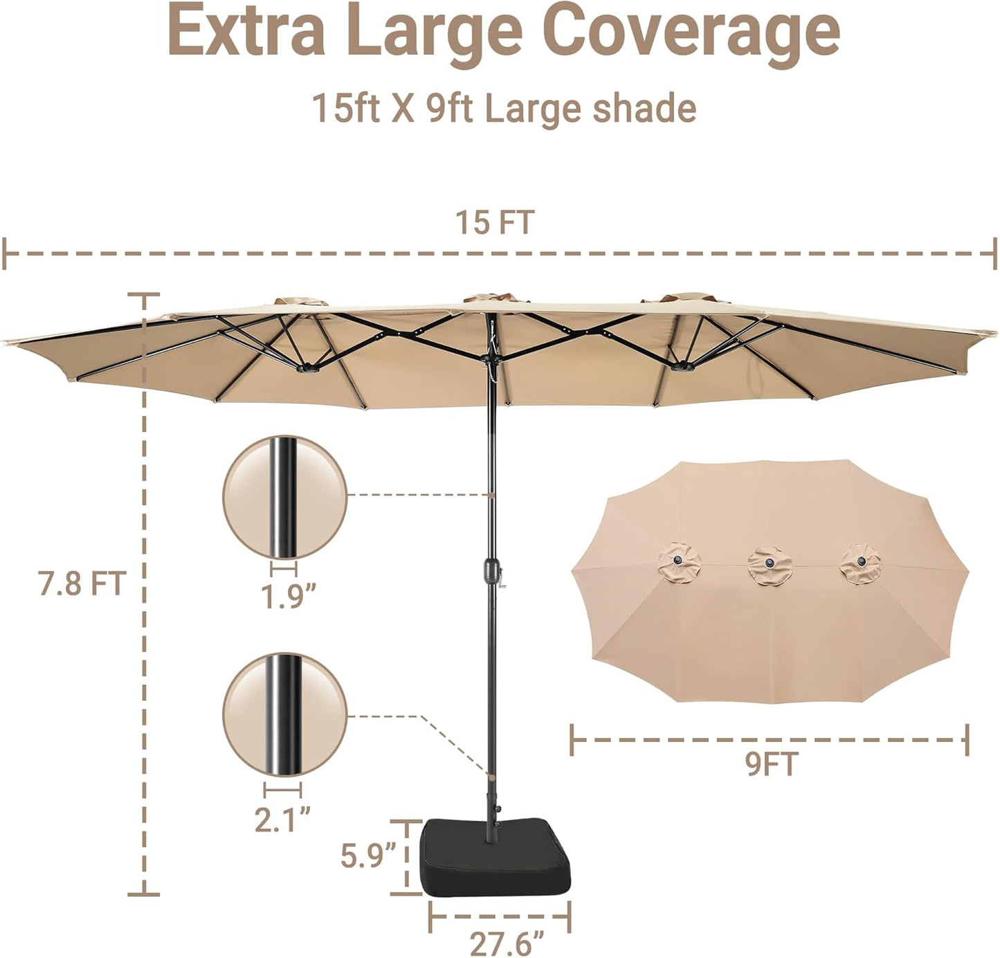 Bigroof 15ft x 9ft Patio Double-Sided Umbrella with Base & Crank, Extra Large Rectangular Outdoor Umbrella for Patio, Lawn & Garden, Beige