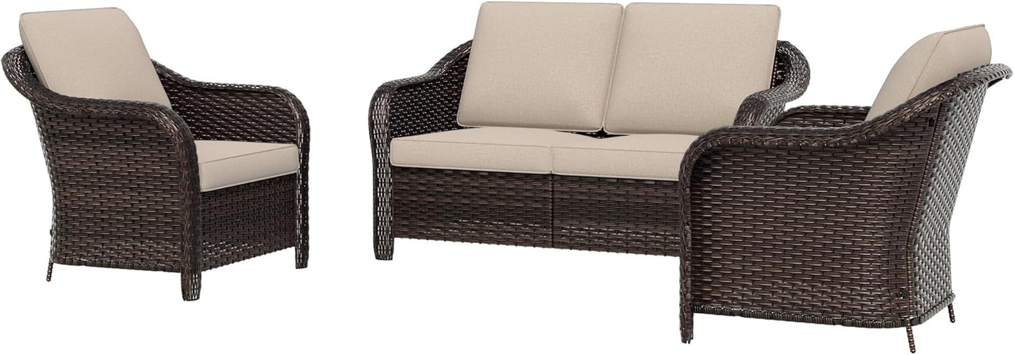 77 inch Outdoor Wicker 3 Seater Sofa, All-Weather Use Patio Rattan Sofa with Seat and Back Cushion, Ideal for Porch, Backyard, Balcony, Poolside, Beige