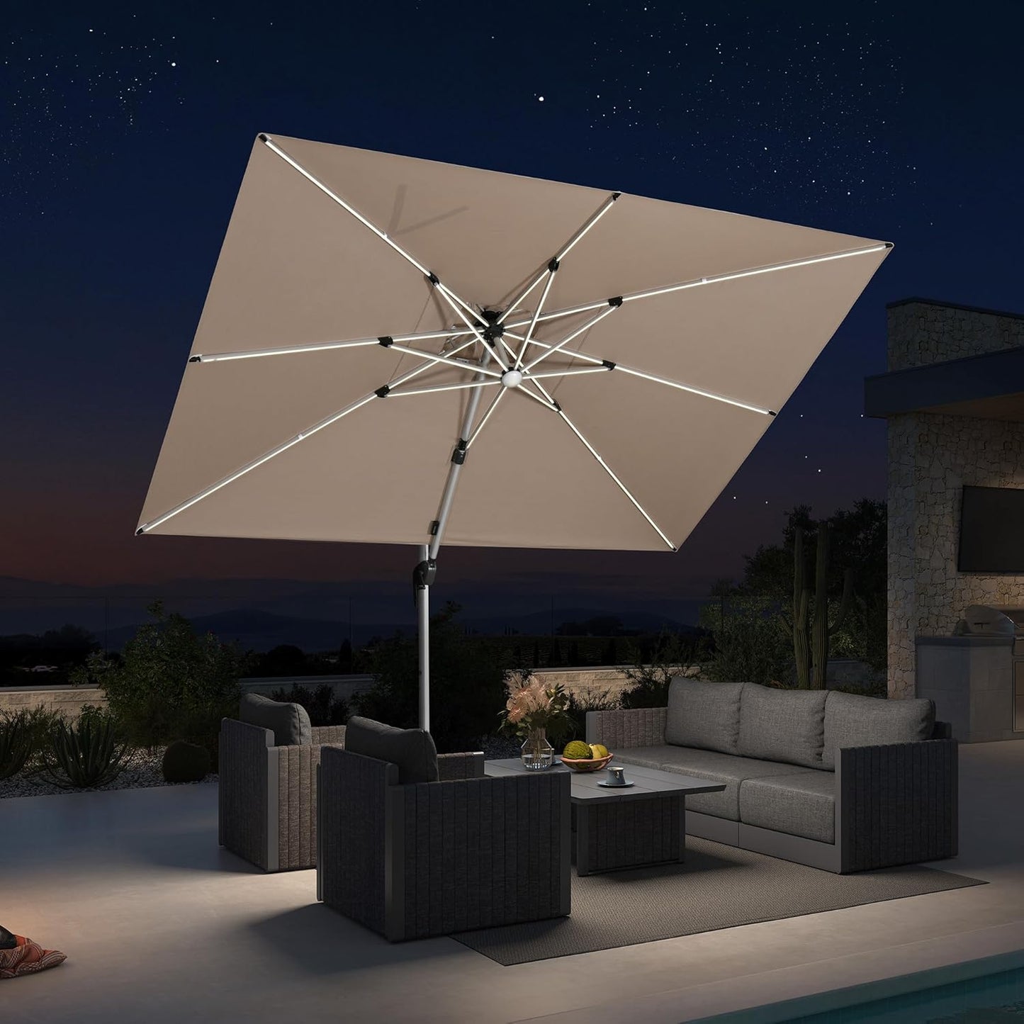 PURPLE LEAF 9' X 12' Solar Powered LED Patio Umbrella Cantilever Umbrellas Offset Double Top Hanging Outdoor Umbrella Market Umbrellas for Garden, Heather Taupe