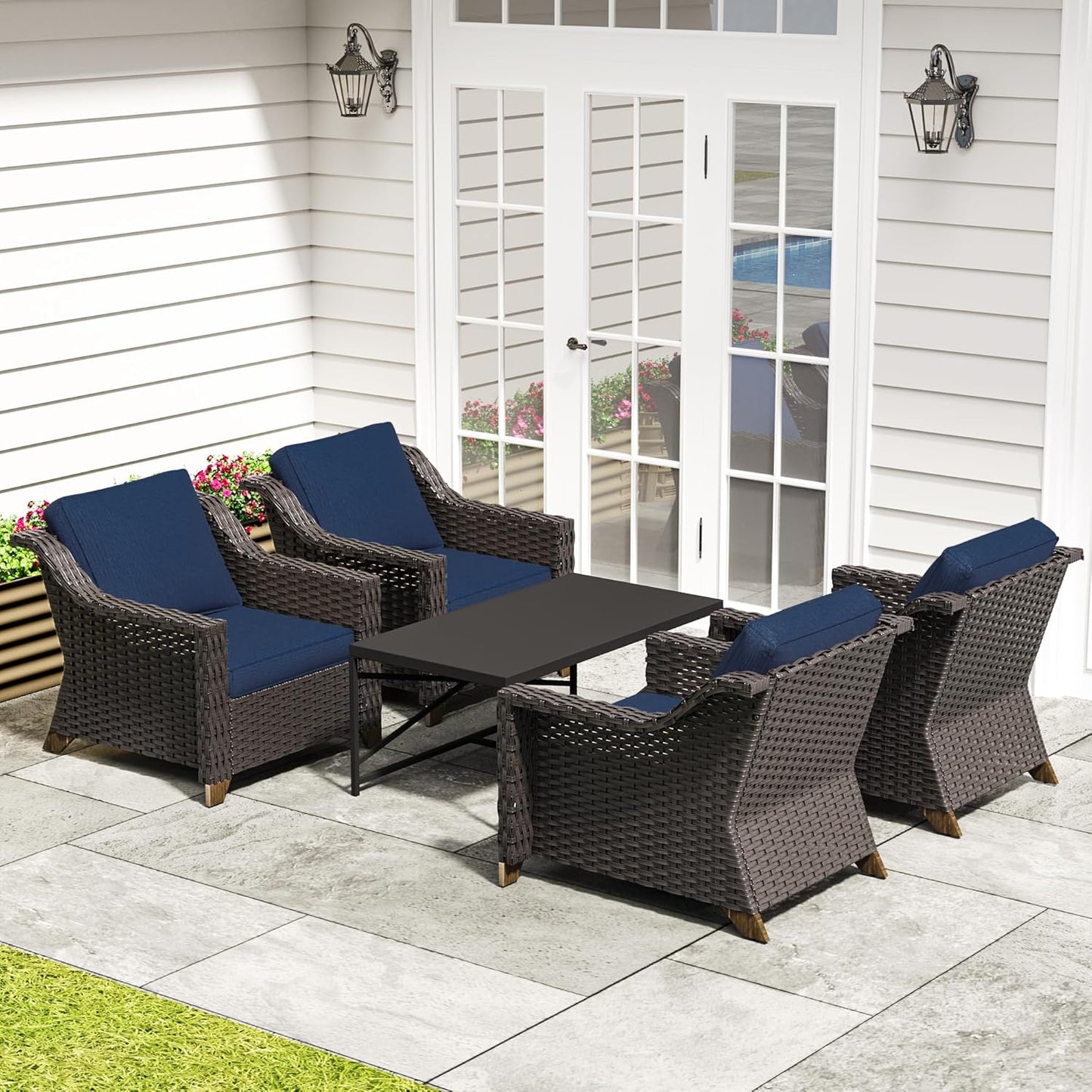 77'' Patio Sofa, All Weather Outdoor Rattan Wicker 3-Seat Sofa High Back Couch with Premium Cushions for Garden Backyard Porch(Brown/Navy)