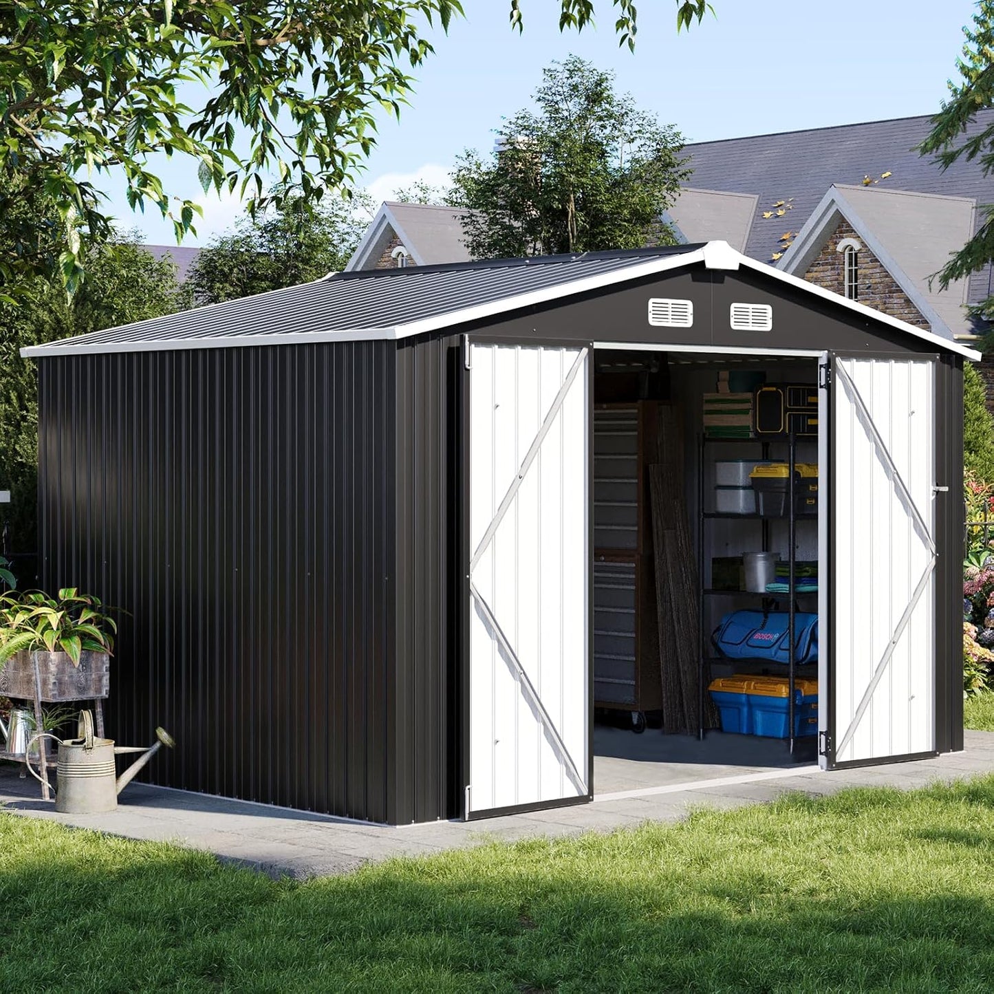 Aoxun 6.2x4 FT Shed Outdoor Storage Shed with Lockable Doors & Slooping Roof Metal Garden Tool Shed for Backyard, Patio, Poolside (Brown)