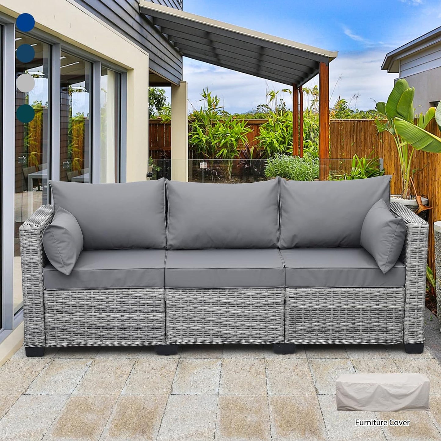 Rattaner Patio Furniture 3-seat Sofa Wicker Outdoor Furniture Outdoor Couch Deep Seat Hight Backrest Waterproof Cover Anti-Slip Cushions, Khaki