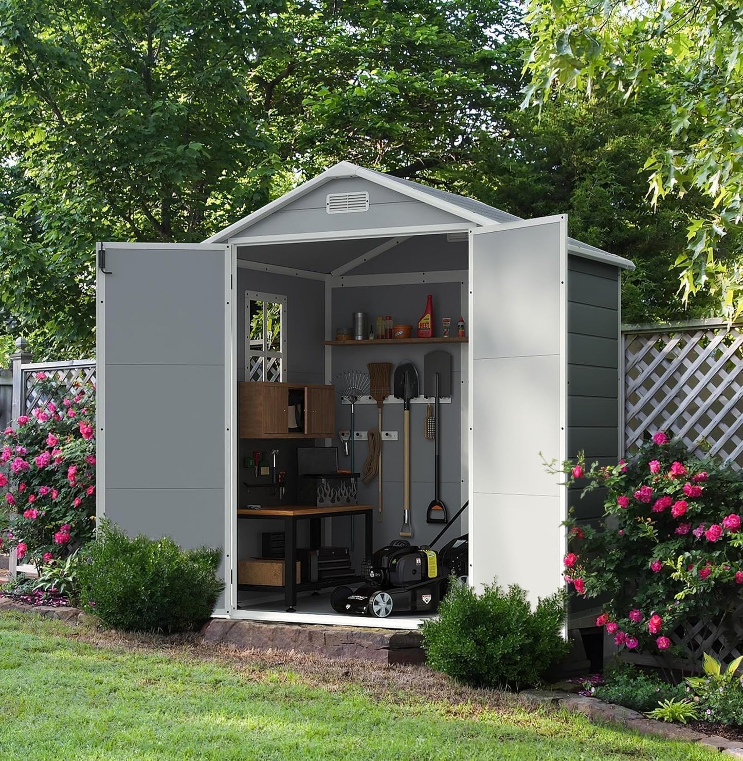 Devoko 6x4 FT Outdoor Storage Shed, Plastic Resin Garden Shed with Lockable Door & Built-in Floor, Waterproof Tool Shed for Backyard, Patio, Lawn, Pool Supplies (Grey)
