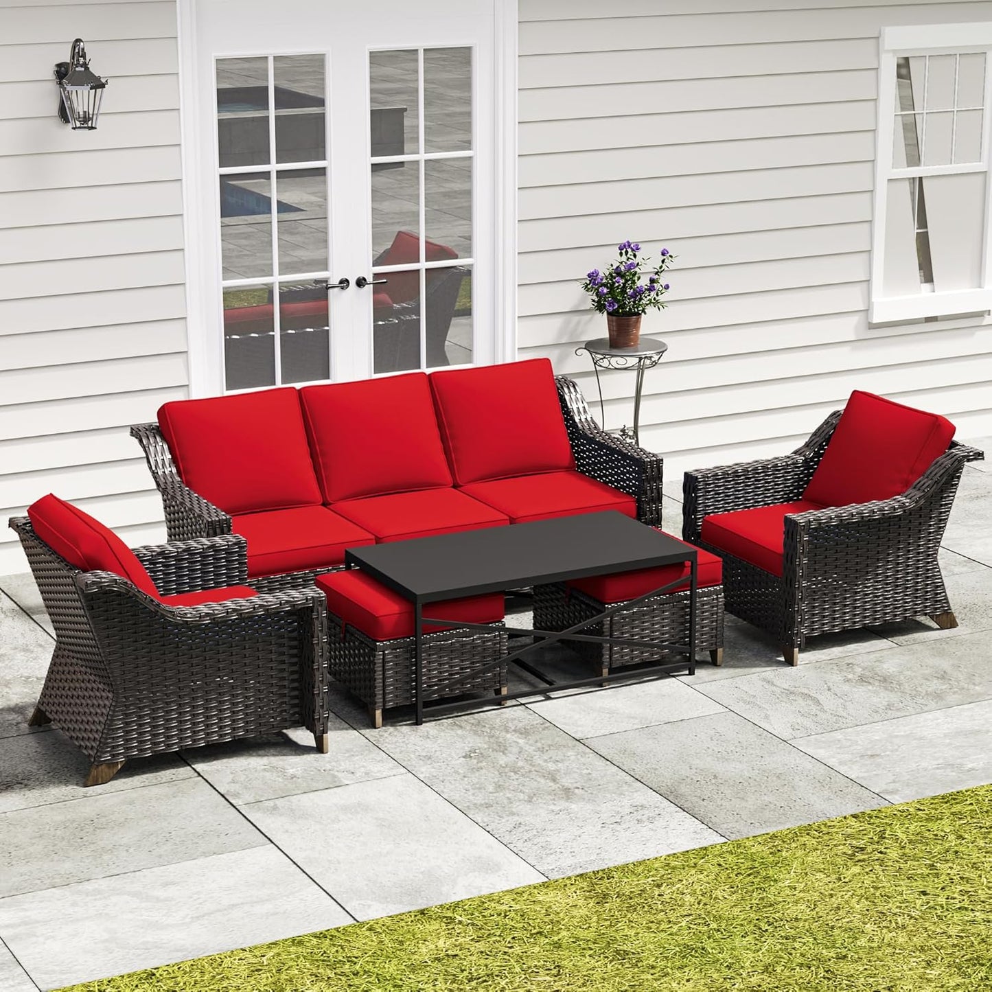 77'' Patio Sofa, All Weather Outdoor Rattan Wicker 3-Seat Sofa High Back Couch with Premium Cushions for Garden Backyard Porch(Brown/Navy)