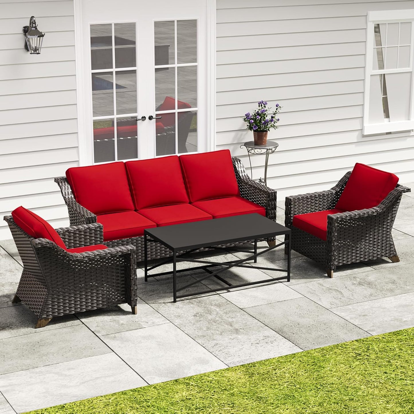 77'' Patio Sofa, All Weather Outdoor Rattan Wicker 3-Seat Sofa High Back Couch with Premium Cushions for Garden Backyard Porch(Brown/Navy)