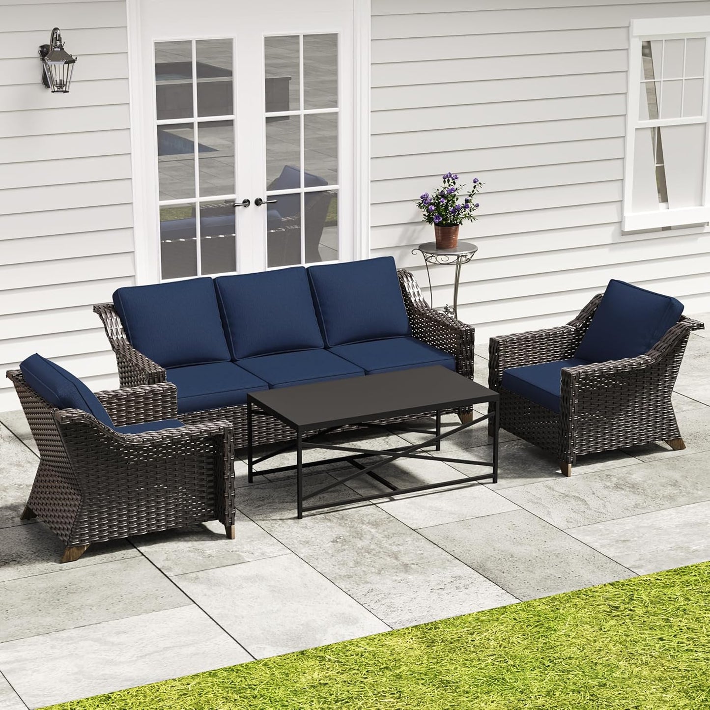77'' Patio Sofa, All Weather Outdoor Rattan Wicker 3-Seat Sofa High Back Couch with Premium Cushions for Garden Backyard Porch(Brown/Navy)
