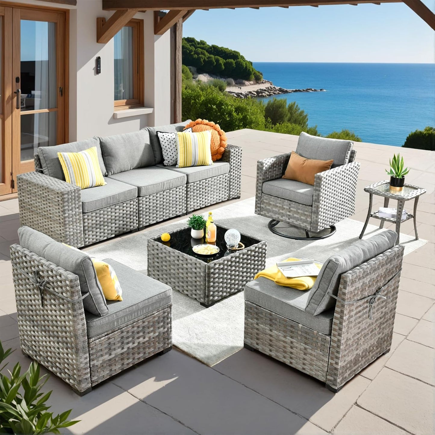 ovios 16 Pieces Patio Furniture Set, Outdoor Wicker Sectional Sofa with 54" Fire Pit Table Swivel Chairs, Modern Modular Deep Seat Rattan Couch Conversation Sets, Beige