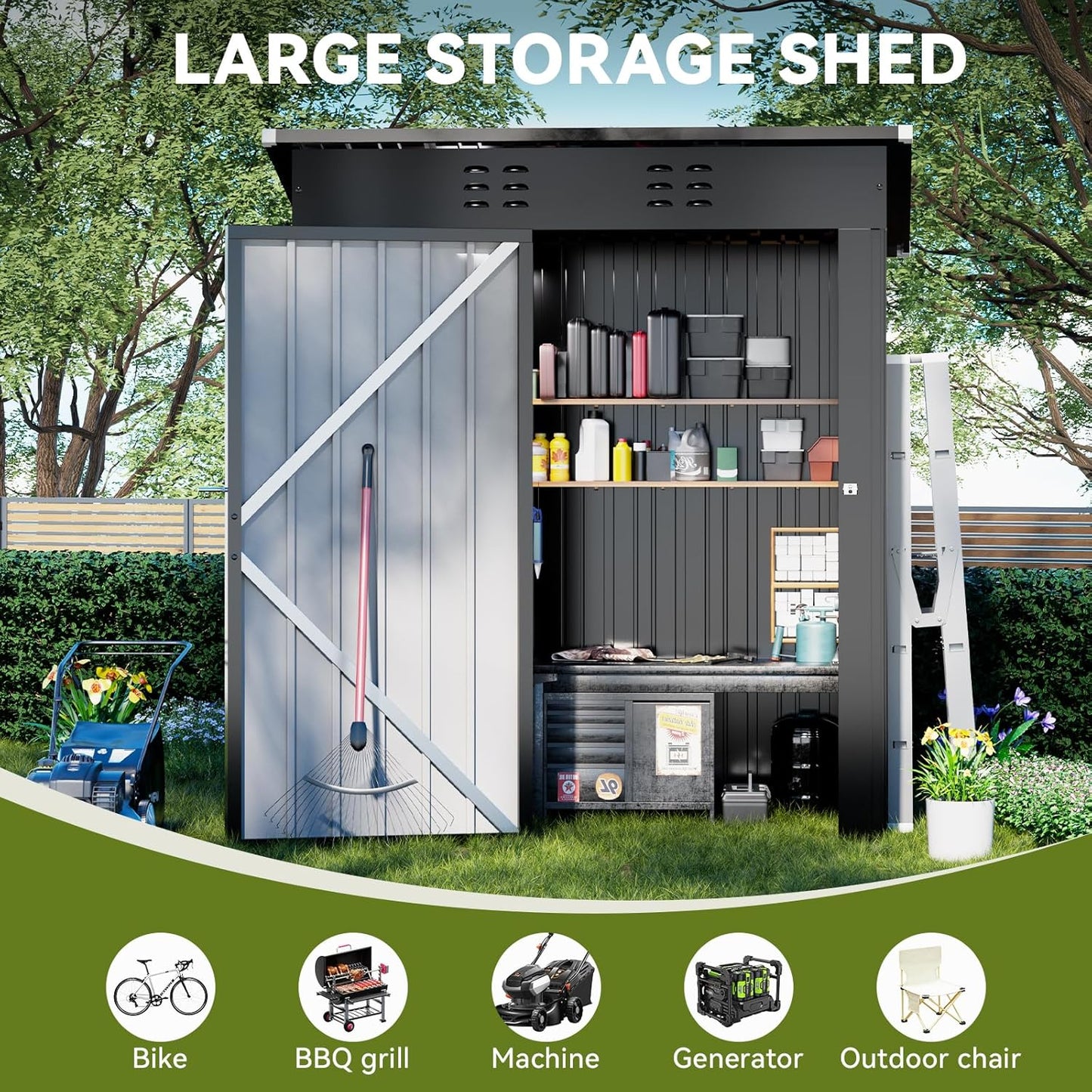 COMHOMA Shed Outdoor Storage Shed Metal,Lockable Doors Tool Sheds with Sloping Roof,Steel Garden Shed with Air Vent for Backyard,Patio,Lawn,Poolside (Grey, 5x3)