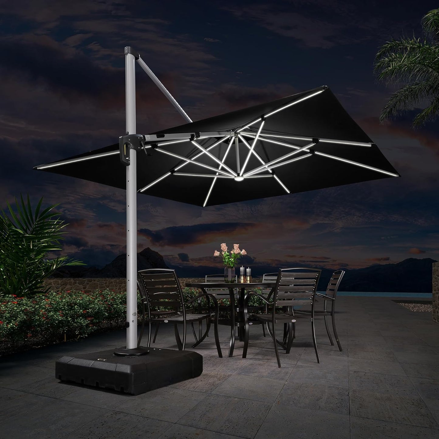 PURPLE LEAF 9' X 12' Solar Powered LED Patio Umbrella Cantilever Umbrellas Offset Double Top Hanging Outdoor Umbrella Market Umbrellas for Garden, Heather Taupe