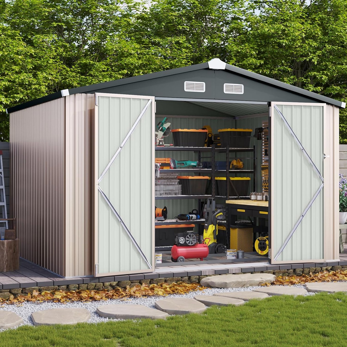 Aoxun 10 x 12FT Outdoor Storage Shed with Double Hinged Large Door Utility Garden Shed with Lockable Door & Sloped Roof Metal Sheds Outdoor Storage for Garden, Backyard, Patio and Backyard, Brown
