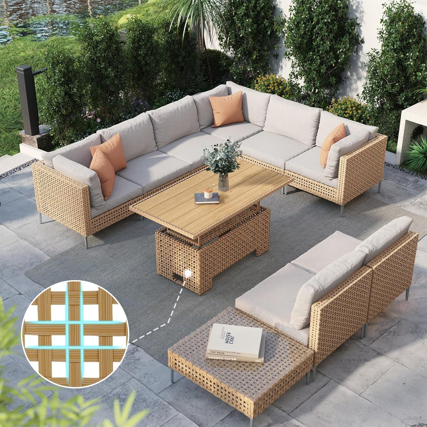 Grand patio 7-Piece Wicker Patio Furniture Set, Boho Outdoor Conversation Set Sectional Sofa with Water Resistant Thick Cushions and Coffee Table, Cream