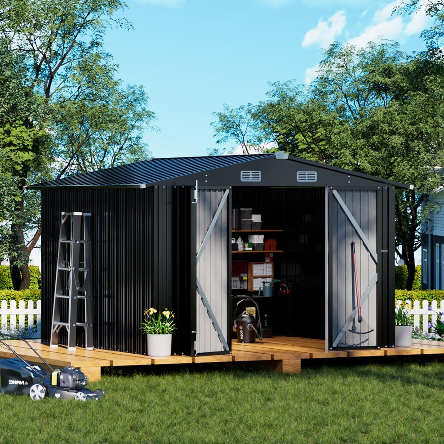 COMHOMA Shed Outdoor Storage Shed Metal,Lockable Doors Tool Sheds with Sloping Roof,Steel Garden Shed with Air Vent for Backyard,Patio,Lawn,Poolside (Grey, 5x3)