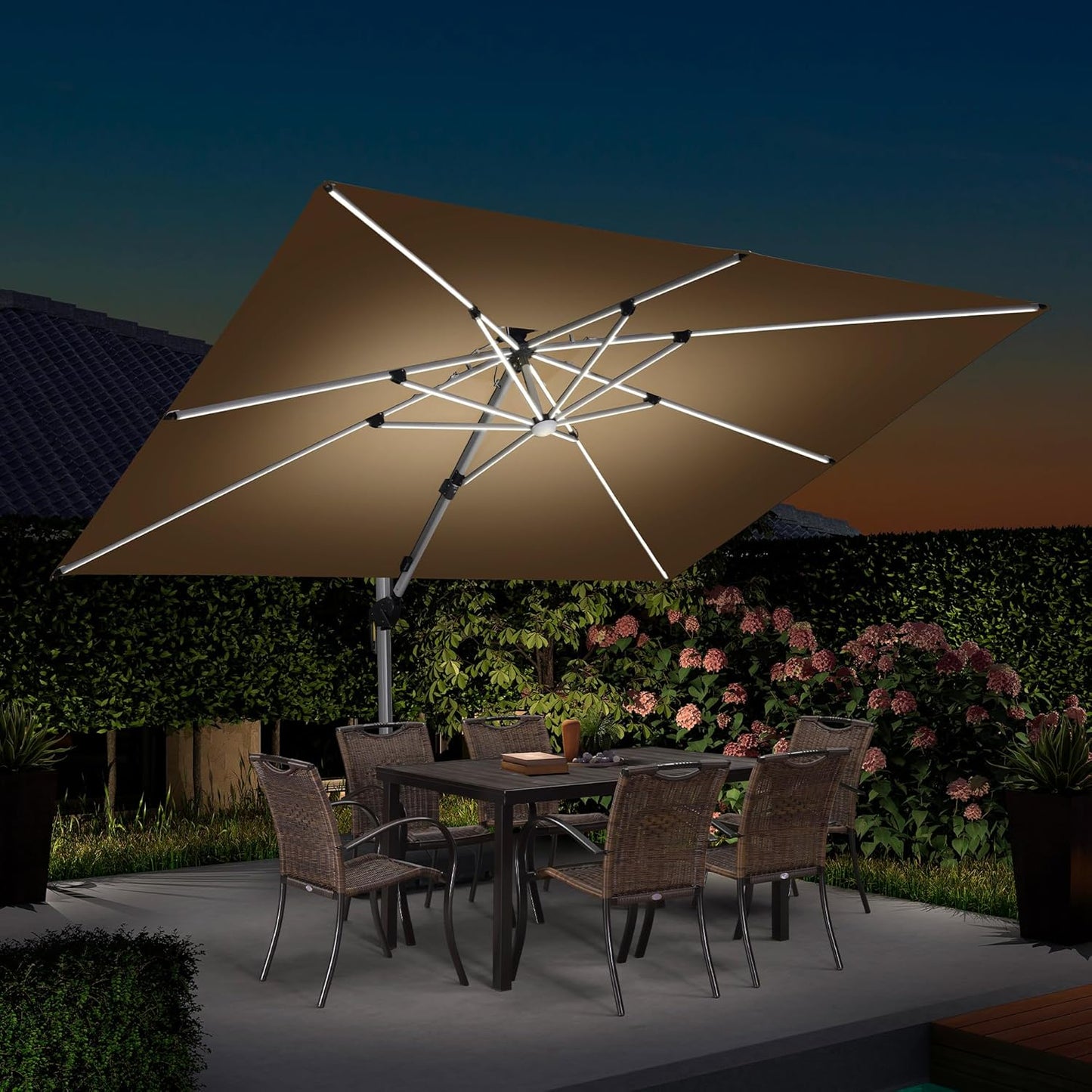 PURPLE LEAF 9' X 12' Solar Powered LED Patio Umbrella Cantilever Umbrellas Offset Double Top Hanging Outdoor Umbrella Market Umbrellas for Garden, Heather Taupe
