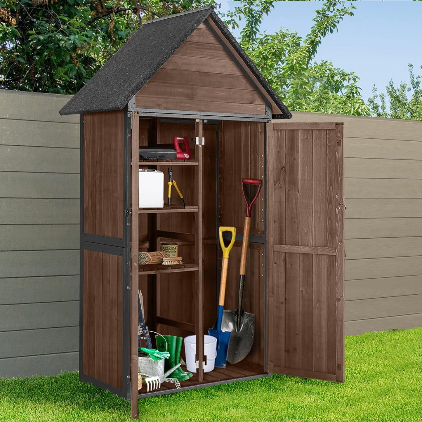 Sheds Outdoor Storage,Garden Shed with Metal Frame Structure and Adjustable Shelves,Large Capacity Storage Tool Cabinet Box for Backyard Garden Patio Lawn (Brown)