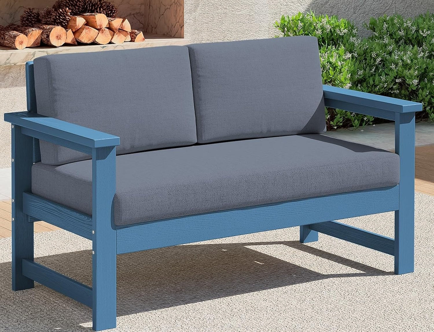 SERWALL 8 Pieces HDPE Outdoor Conversation Sofa Set with Cushions, All Weather Use Patio Couch Loveseat Furniture with Side Table for Balcony, Deck, Poolside, Black Frame with Khaki Cushions