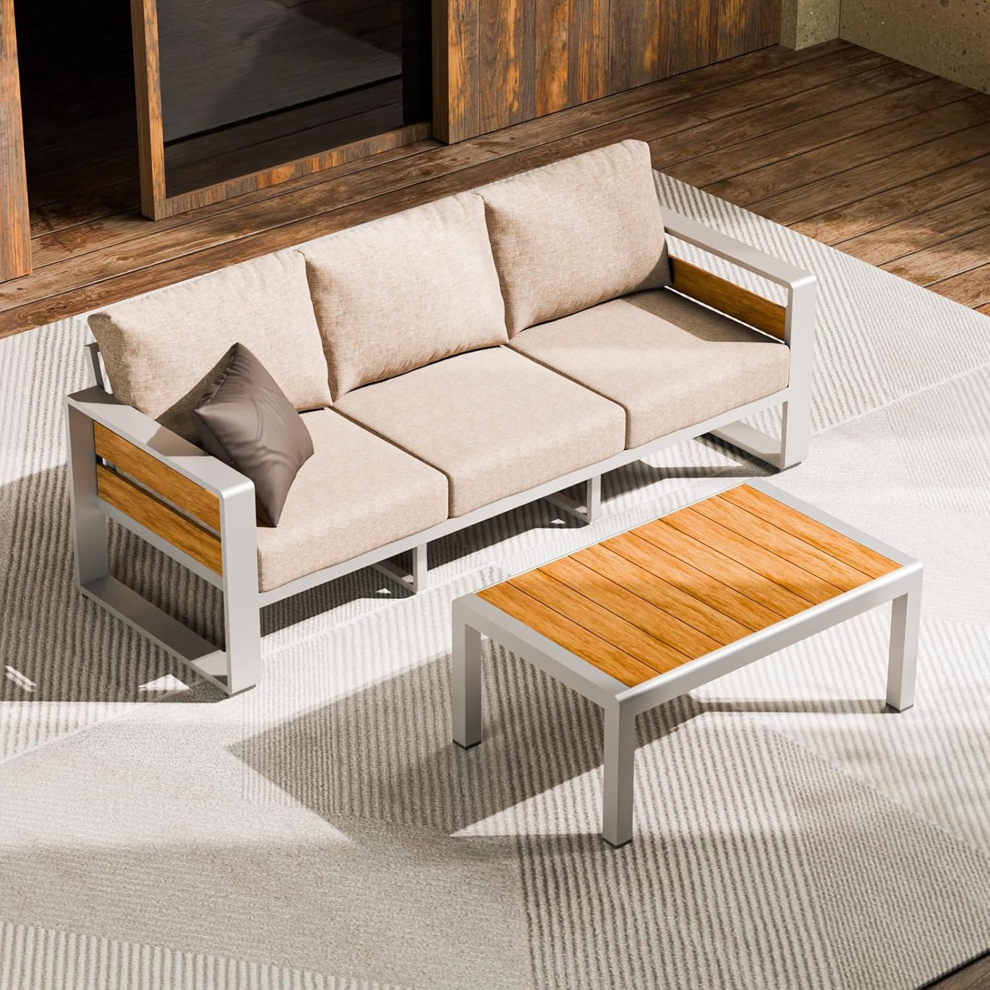 ZANDOR Outdoor Aluminum Patio Furniture - 1 Pcs 3-Seat, All-Weather Metal Modern Outside Sofa with Washable Thick Cushion for Garden/Backyard/Porch, Grey