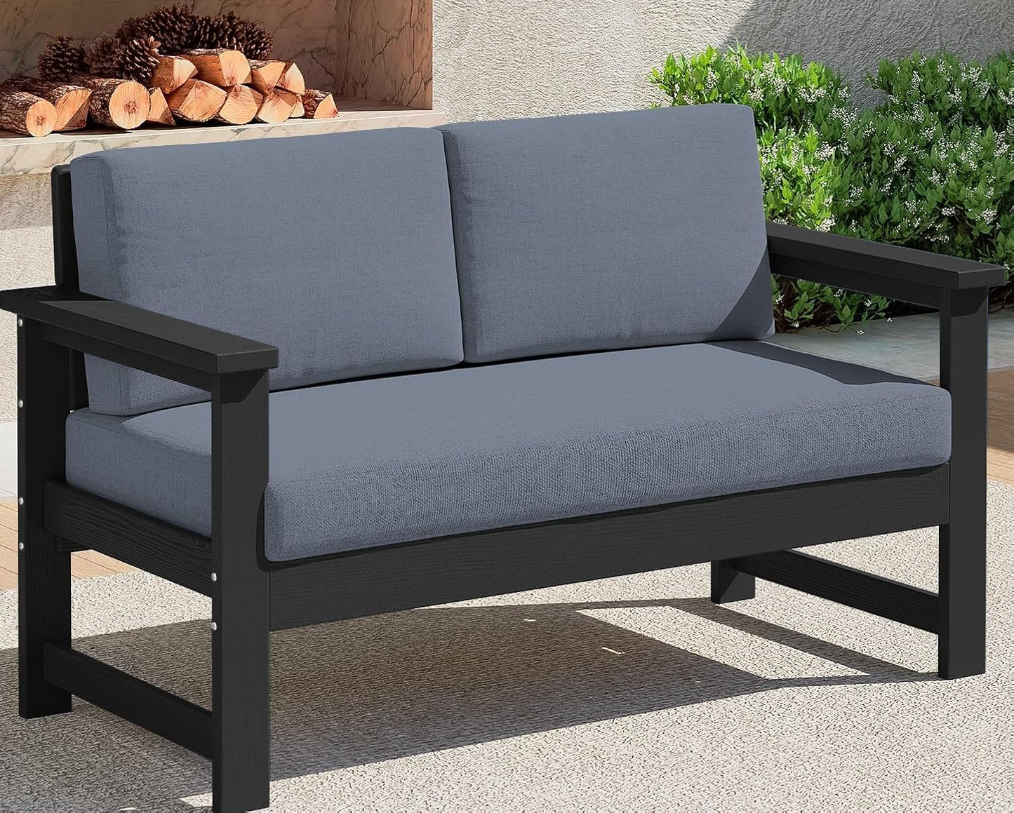 SERWALL 8 Pieces HDPE Outdoor Conversation Sofa Set with Cushions, All Weather Use Patio Couch Loveseat Furniture with Side Table for Balcony, Deck, Poolside, Black Frame with Khaki Cushions