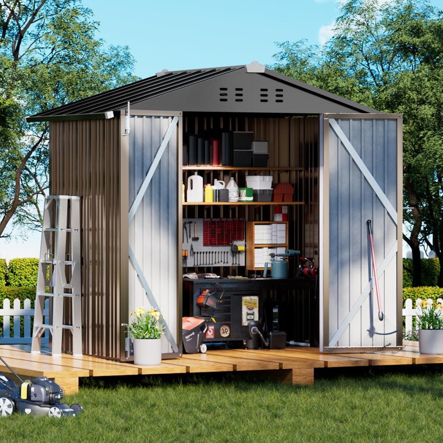 COMHOMA Shed Outdoor Storage Shed Metal,Lockable Doors Tool Sheds with Sloping Roof,Steel Garden Shed with Air Vent for Backyard,Patio,Lawn,Poolside (Grey, 5x3)