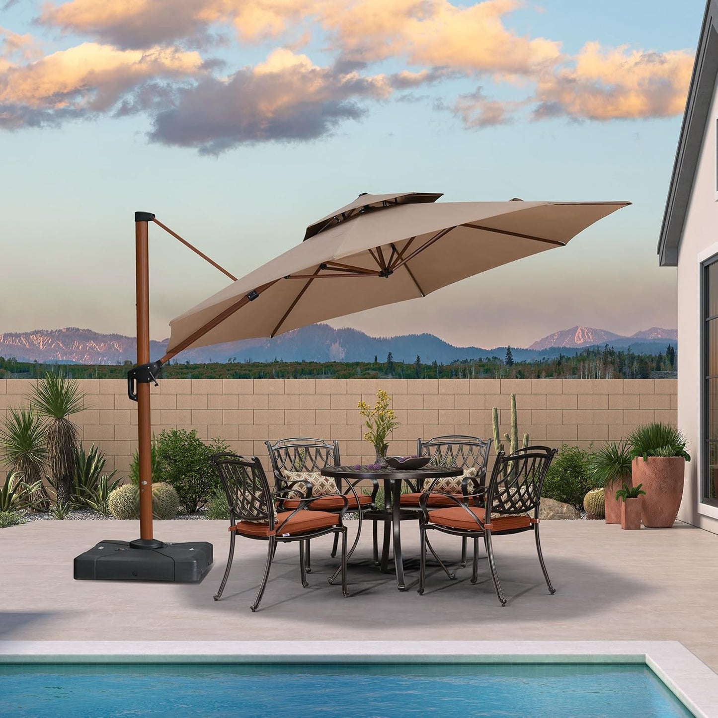 PURPLE LEAF 11ft Patio Umbrella Cantilever Umbrellas Outdoor Round Wood Umbrella Offset Umbrellas Heavy Duty Sun for Garden Deck Pool, Deep Beige