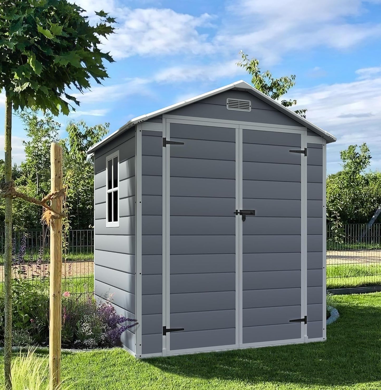 Devoko 6x4 FT Outdoor Storage Shed, Plastic Resin Garden Shed with Lockable Door & Built-in Floor, Waterproof Tool Shed for Backyard, Patio, Lawn, Pool Supplies (Grey)