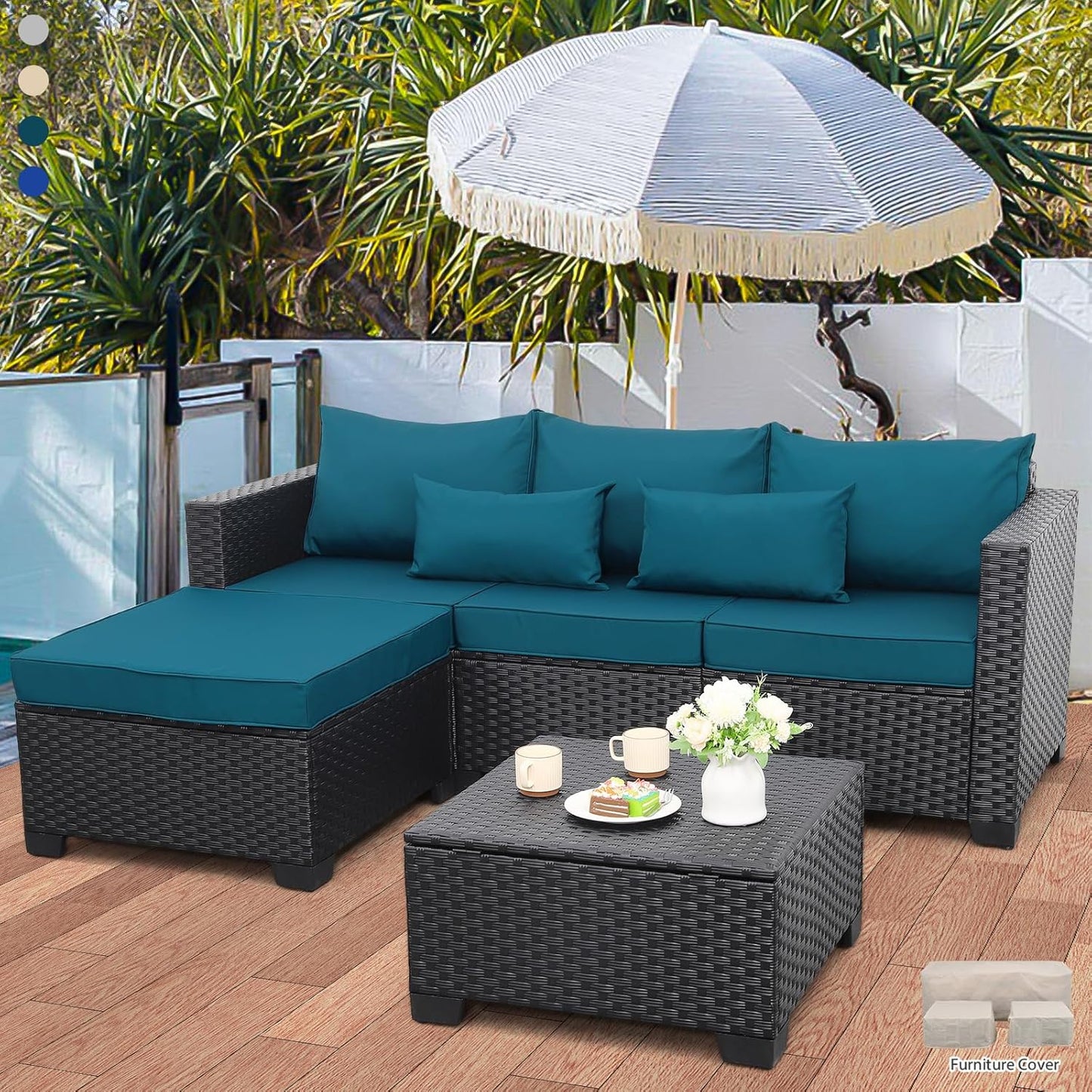 Rattaner 3 Pieces Patio Furniture Set Outdoor Sectional Wicker Patio Furniture Patio Couch with Ottoman and Outdoor Storage Table All-Weather Anti-Slip Cushions Waterproof Covers, Light Grey