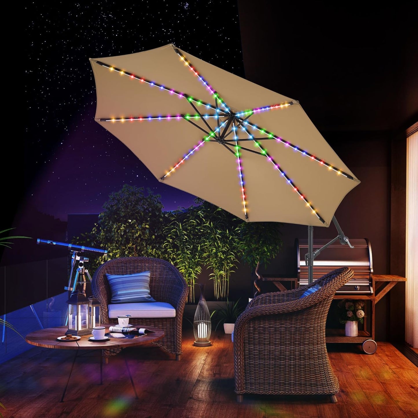 10 ft Offset Patio Umbrella with Solar Lights, Large Cantilever Outdoor Umbrellas for Patio, Dual Charging, 200+ Light Modes, Heavy Duty, for Pool, Deck, Market